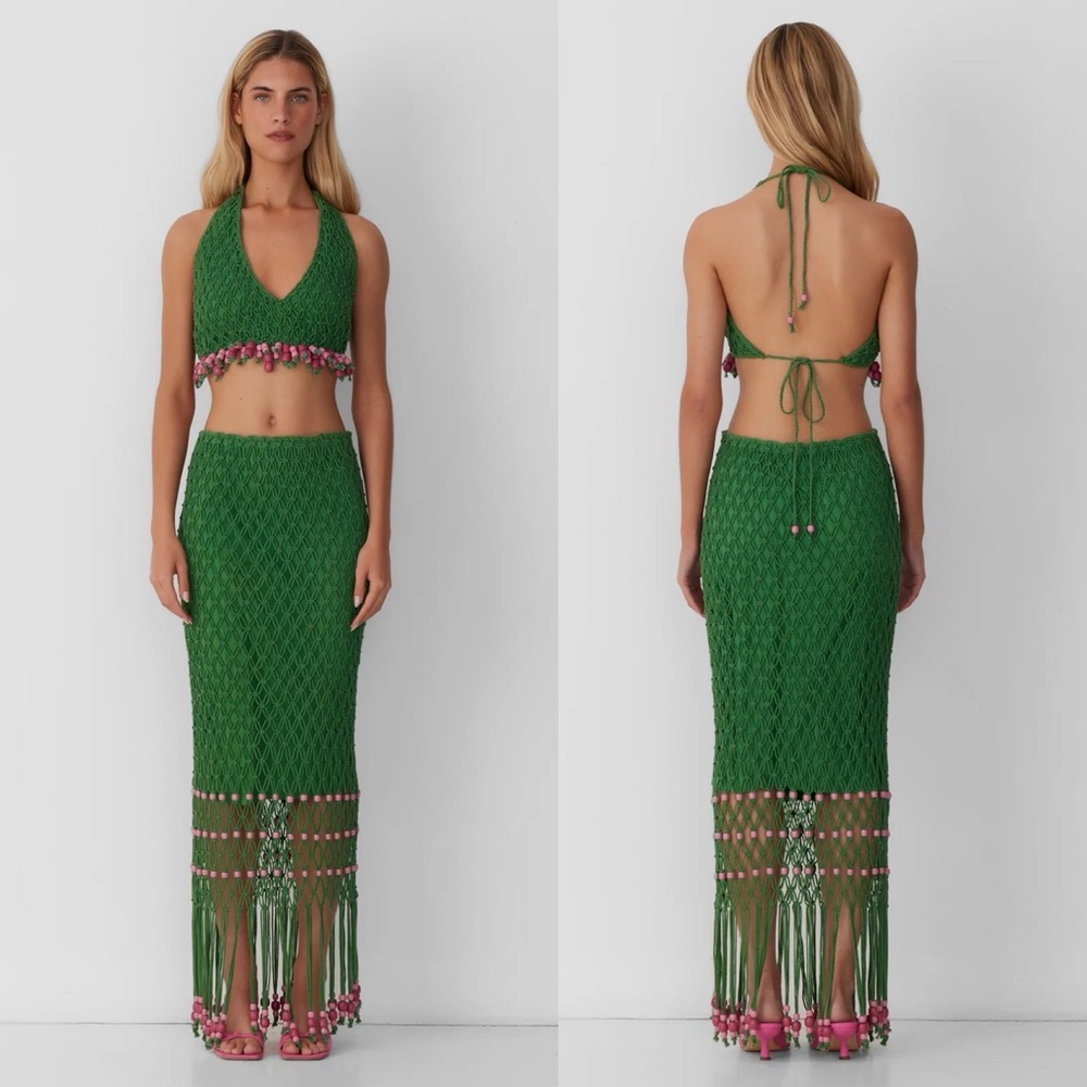 The Wolf Gang | Reis Macrame Top + Reis Macrame Skirt in Emerald Size: Large